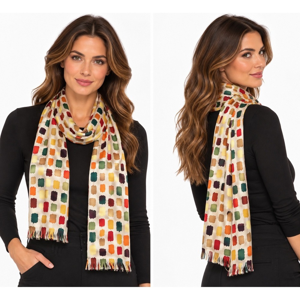 Talbots Silk Scarf Multi Color Painterly Grid Print Fringed Rectangular New